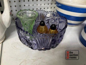 Purple Glass Bowl Green Glass Vase & Amber Glass Salt & Pepper Shakers