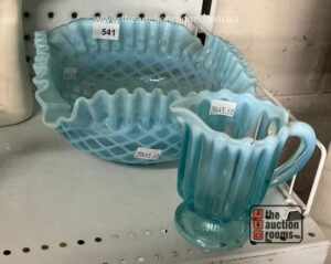 Blue Vaseline Glass Bowl & Jug
